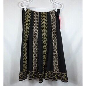 Sunny Leigh Embroidered Flair Skirt Women's Size 8 Black with Gold Design Boho